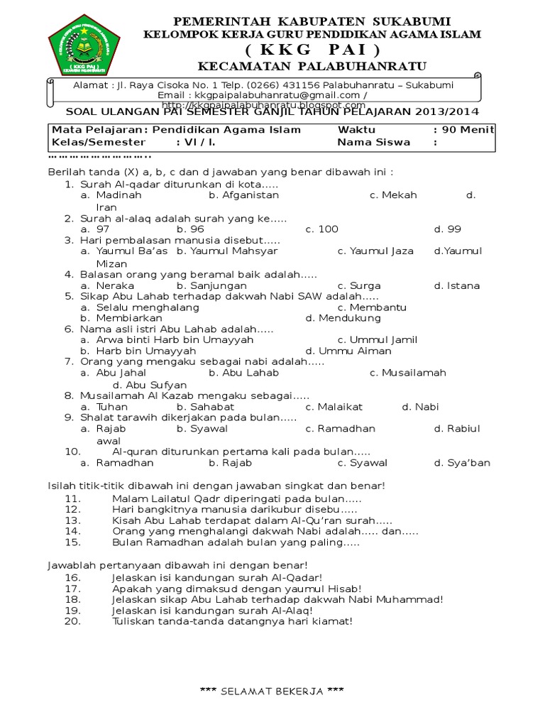 10 Bocoran Soal Agama Islam Kelas 2 SD Semester 1 K13 Paling Sering Keluar Saat Ujian