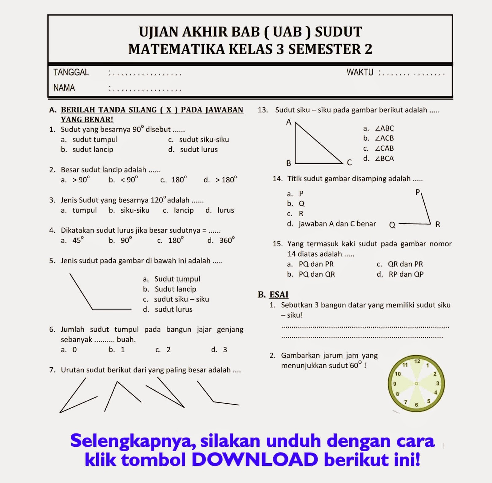 10 Bocoran Soal Essay Matematika Kelas 3 SD Semester 2 yang Sering Muncul Saat Ujian