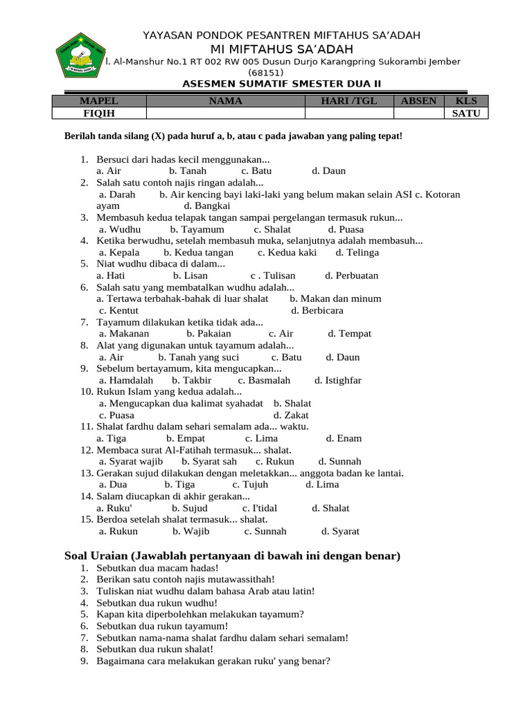 10 Contoh Soal Fiqih Kelas 1 MI Semester 2 Terbaru yang Wajib Dipelajari Siswa Sekarang