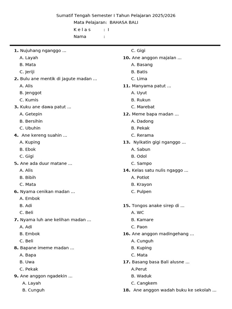5 Rahasia Belajar Cepat Soal Bahasa Bali Kelas 1 Semester 2 Agar Nilai Anak Maksimal
