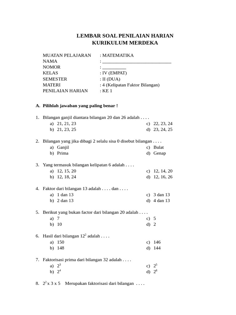 Soal Penilaian Harian Kelas IV Matematik PDF