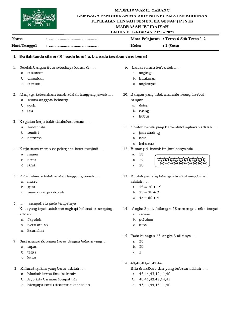 Soal PTS Tema 6 Kelas 1 SD PDF