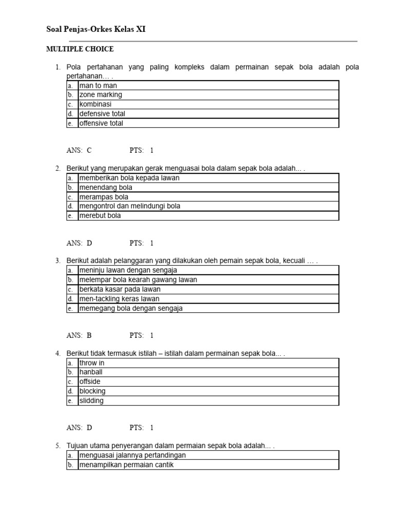 Soal Penjas-Orkes Kelas XI Sepak Bola PDF