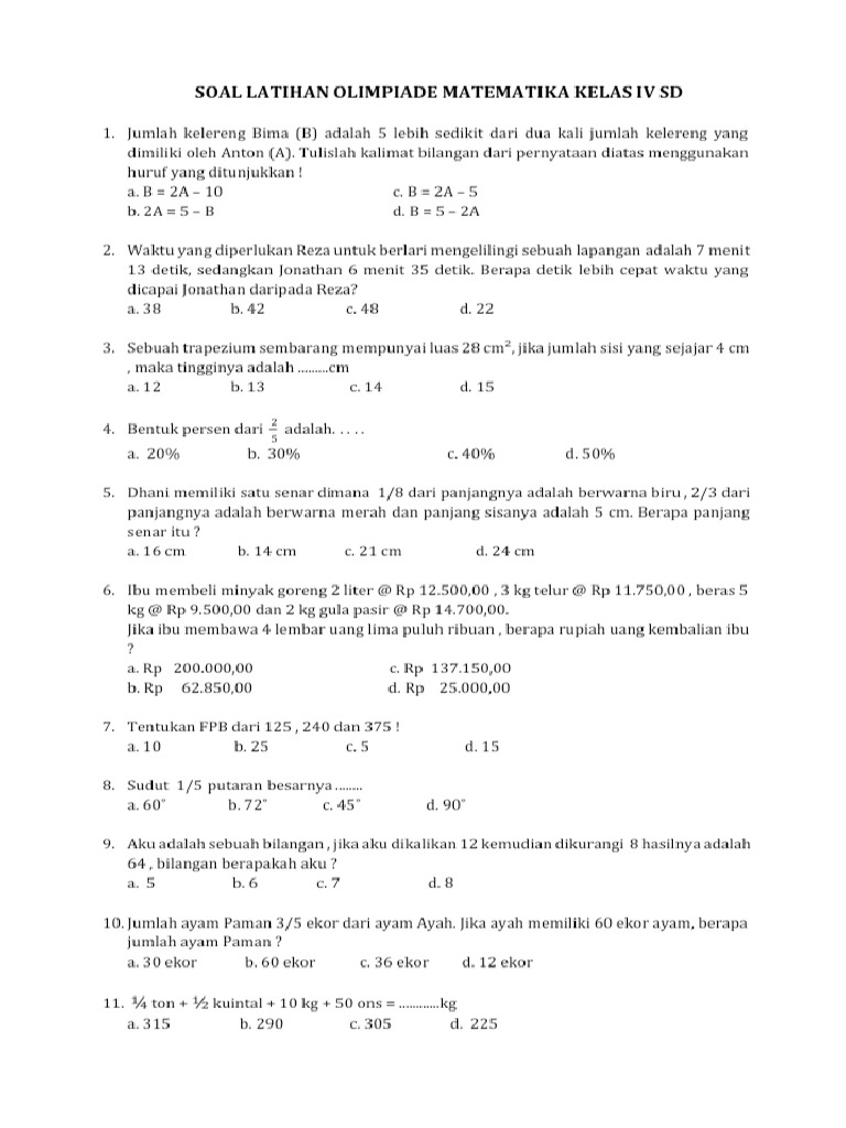 Bocoran 10 Soal Olimpiade Matematika SD Kelas 4 dan Kunci Jawaban yang Wajib Diketahui