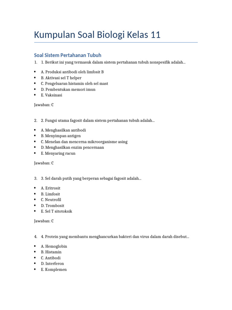 Soal Biologi Kelas 11 Pertahanan Hormon PDF