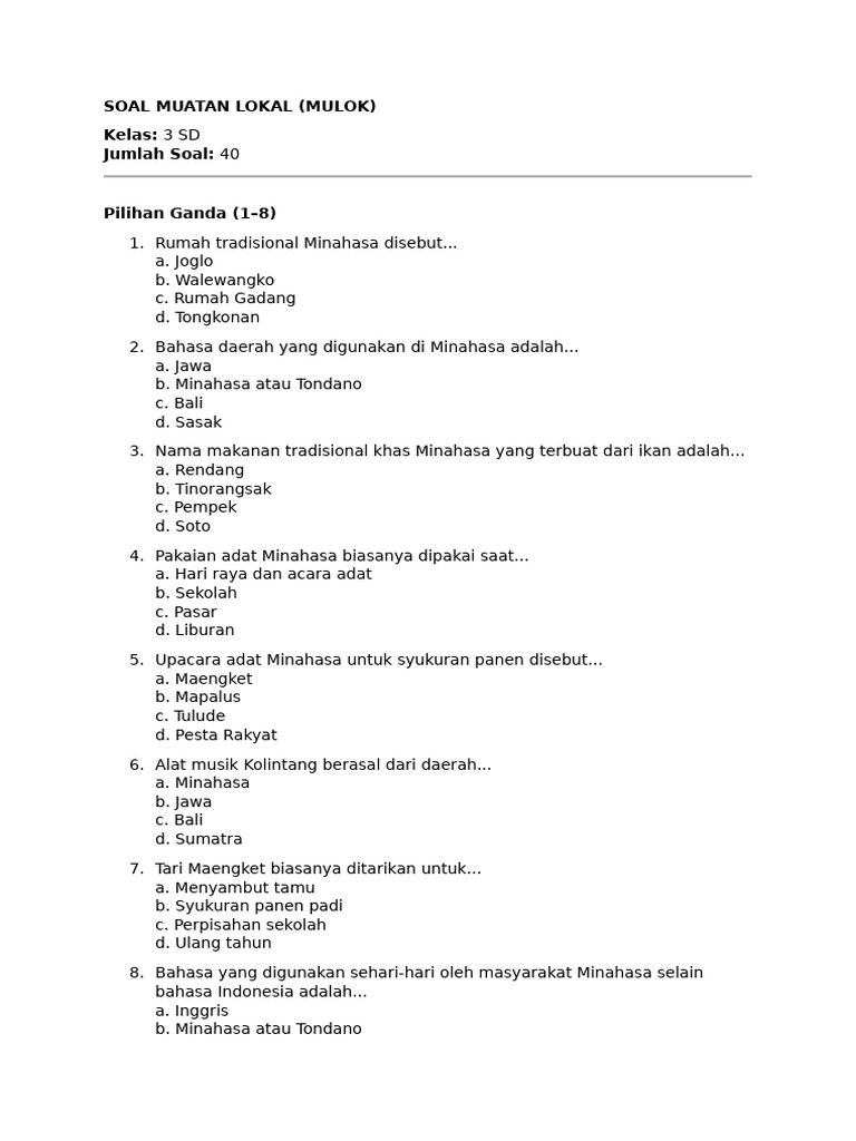 Soal Muatan Lokal Kelas 3 SD Minahasa PDF