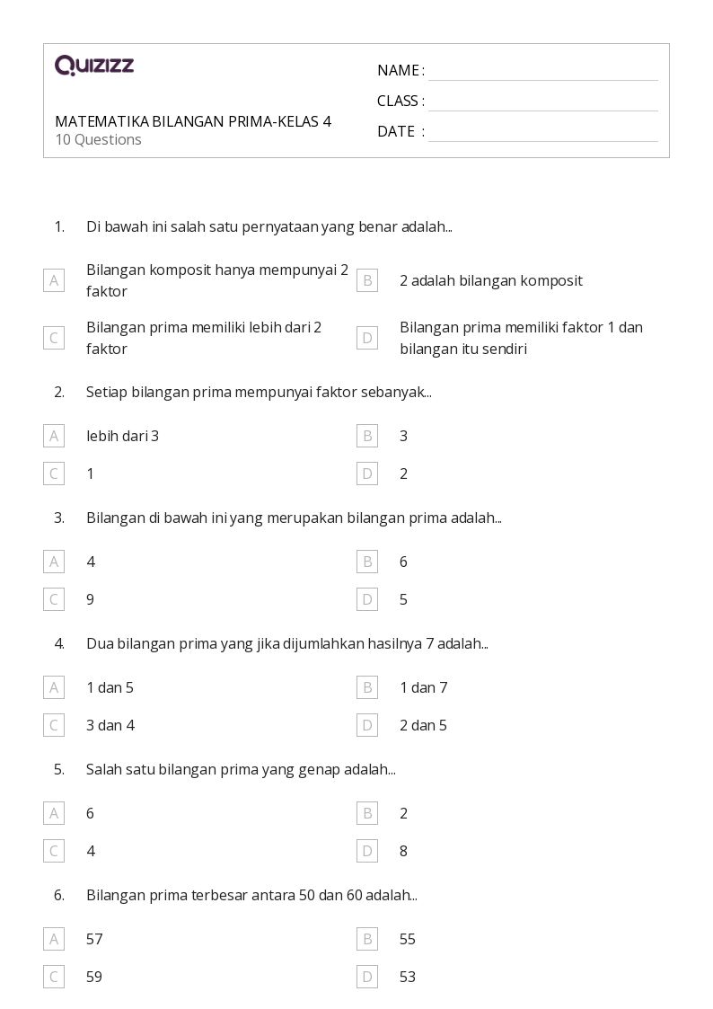 50 lembar kerja Bilangan Prima dan Komposit untuk Kelas 4 di Quizizz 50 lembar kerja Bilangan Prima dan Komposit untuk Kelas 4 di Quizizz