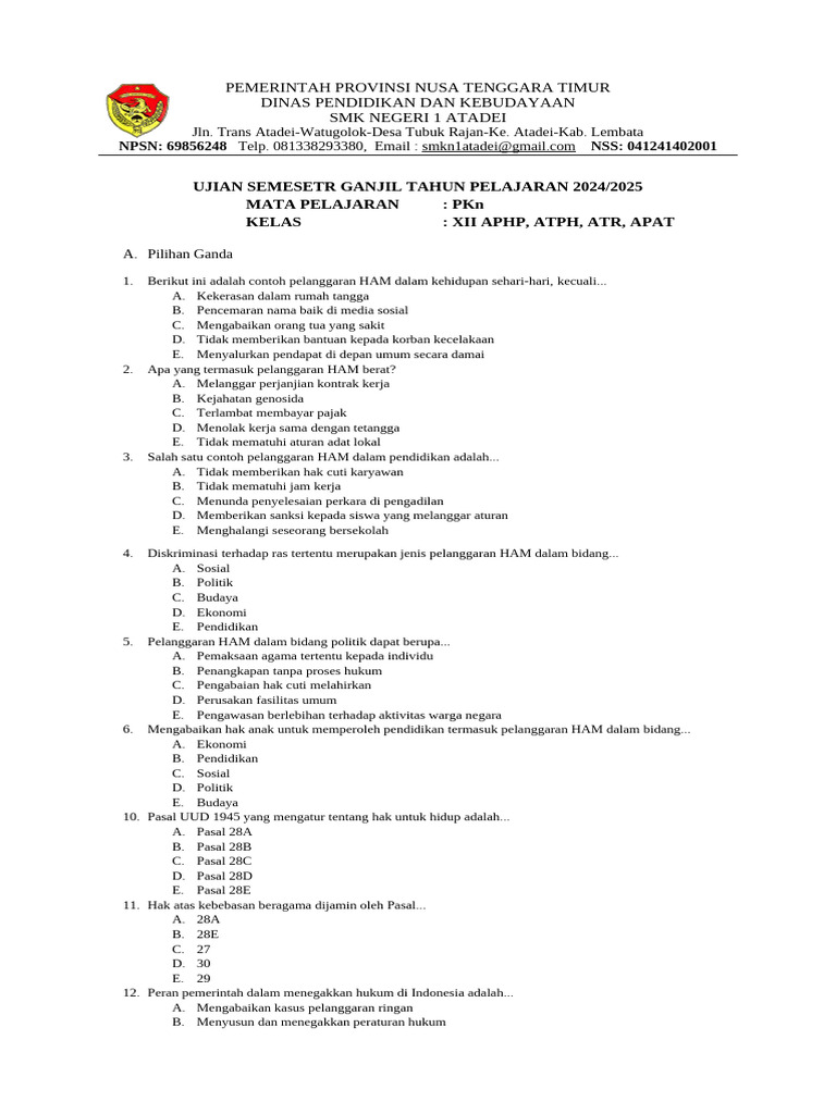Ujian PKn Kelas XII Pelanggaran HAM PDF Ujian PKn Kelas XII Pelanggaran HAM PDF