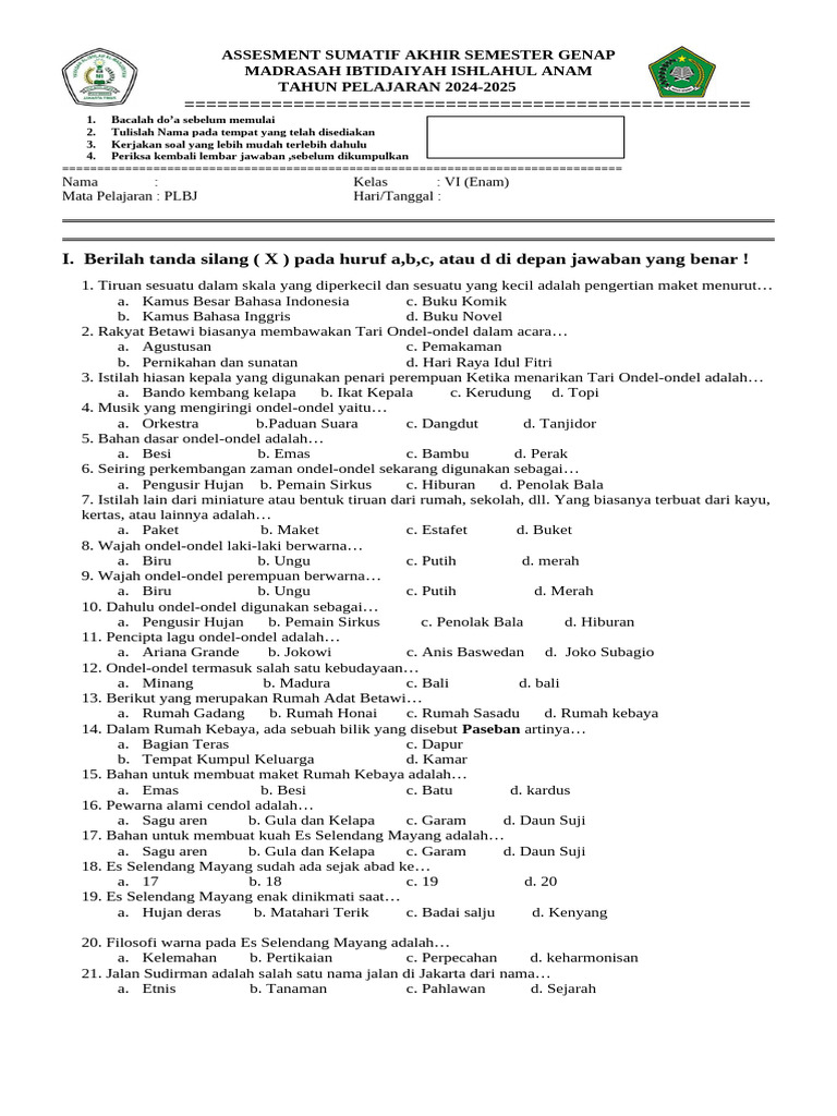 Soal Ujian Akhir Madrasah VI PLBJ PDF