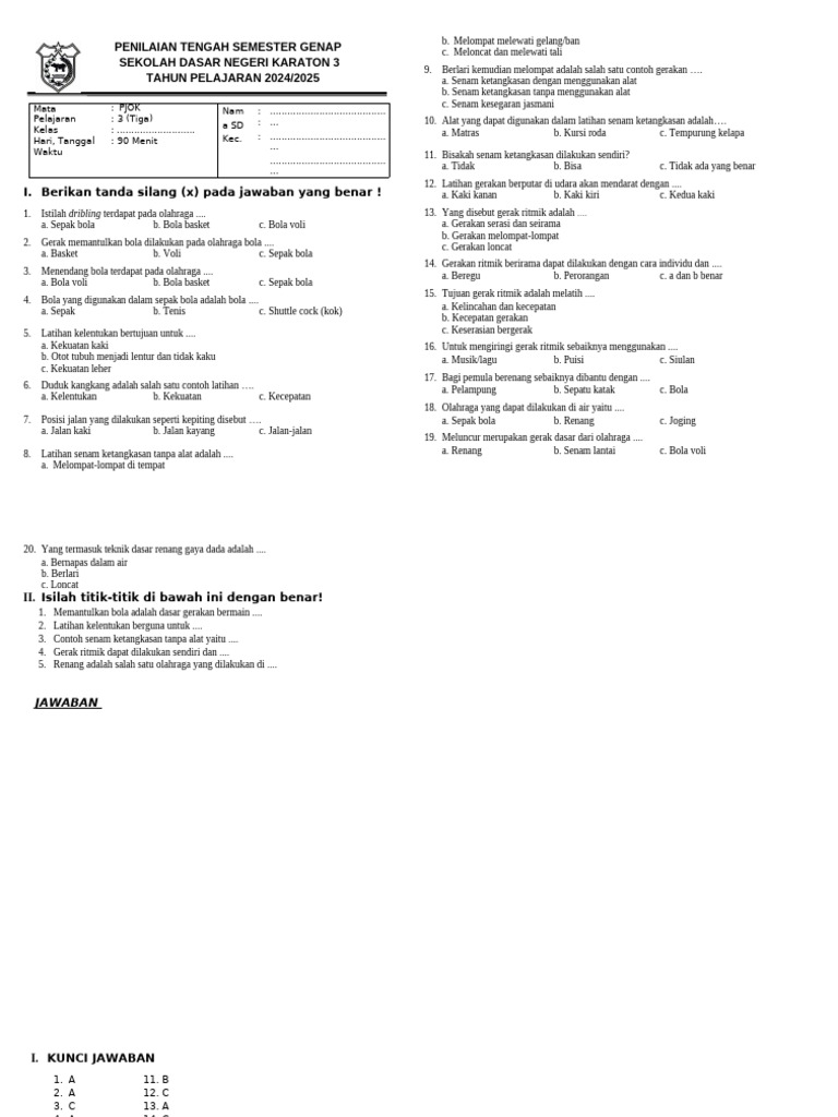 5 Soal PTS PJOK Kelas 3 Semester 2 Kurikulum Merdeka yang Wajib Dikuasai Siswa 5 Soal PTS PJOK Kelas 3 Semester 2 Kurikulum Merdeka yang Wajib Dikuasai Siswa