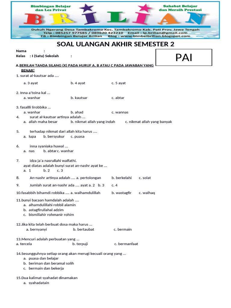 Soal UAS PAI Kelas 1 SD Semester 2 Dan Kunci Jawaban PDF