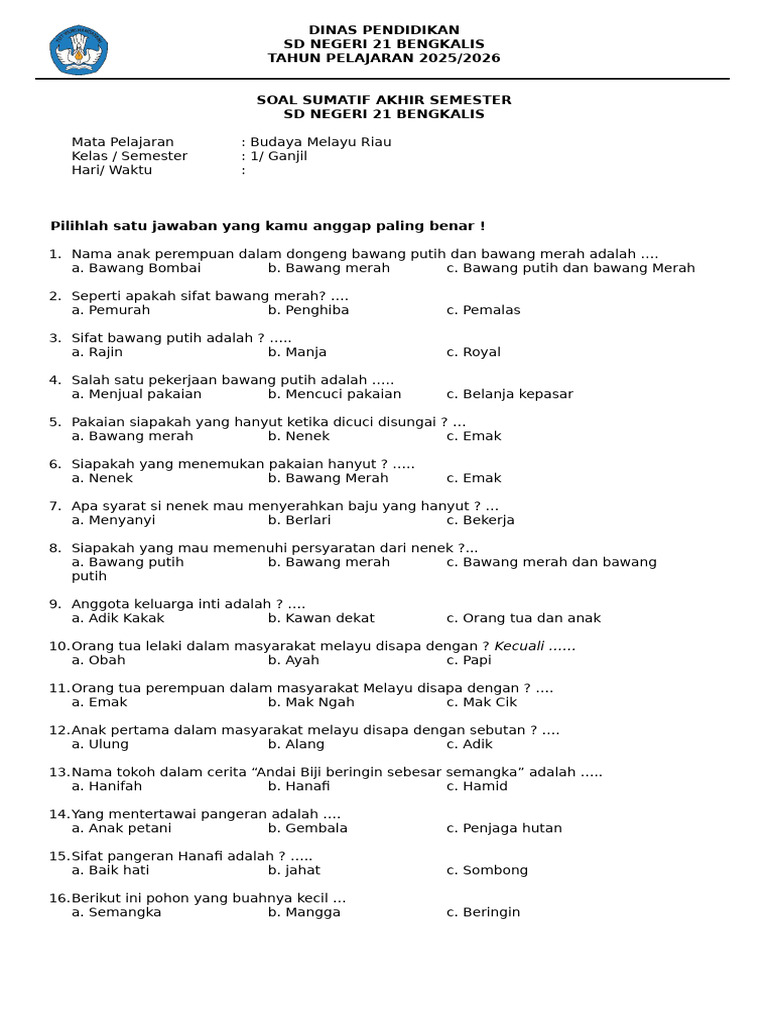 7 Contoh Soal Budaya Melayu Anak SD Kelas 1 Semester 2 yang Wajib Tahu Sebelum Ujian 7 Contoh Soal Budaya Melayu Anak SD Kelas 1 Semester 2 yang Wajib Tahu Sebelum Ujian