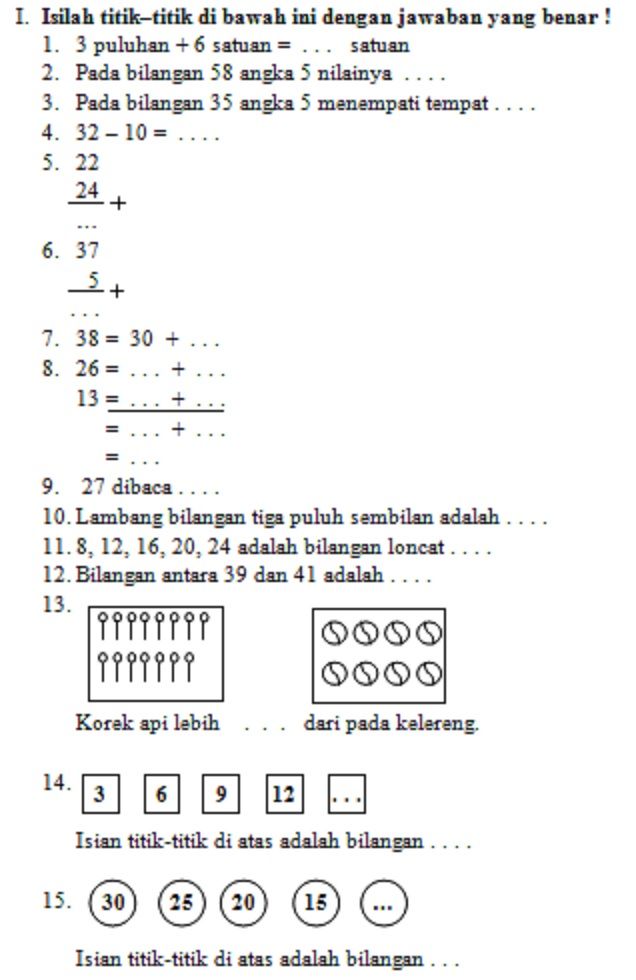 Asah Kemampuan Anak Contoh Soal UKK Matematika Kelas 1 SD Semester 2