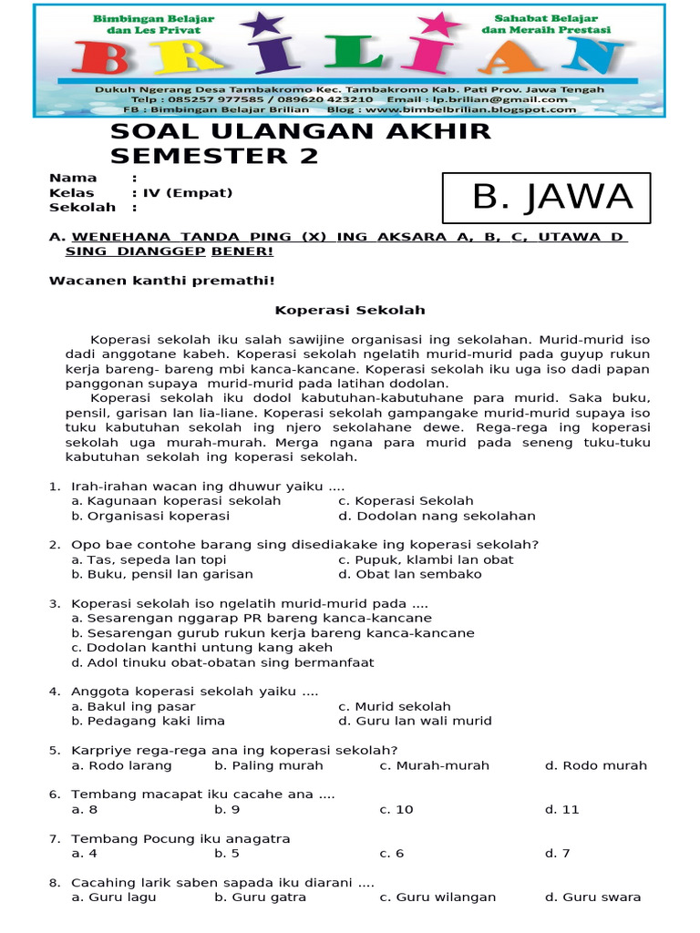 Soal Bahasa Jawa Kelas 4 Semester 2 dan Kunci Jawabannya Ternyata Bisa Bocorkan Nilai, Wajib Tahu Sebelum Ulangan!