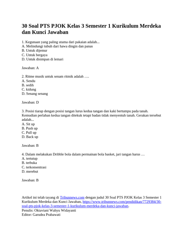 Ternyata Begini Cara Download Soal PAS Kelas 3 Semester 1 PJOK Kurikulum 2013 yang Sering Dicari