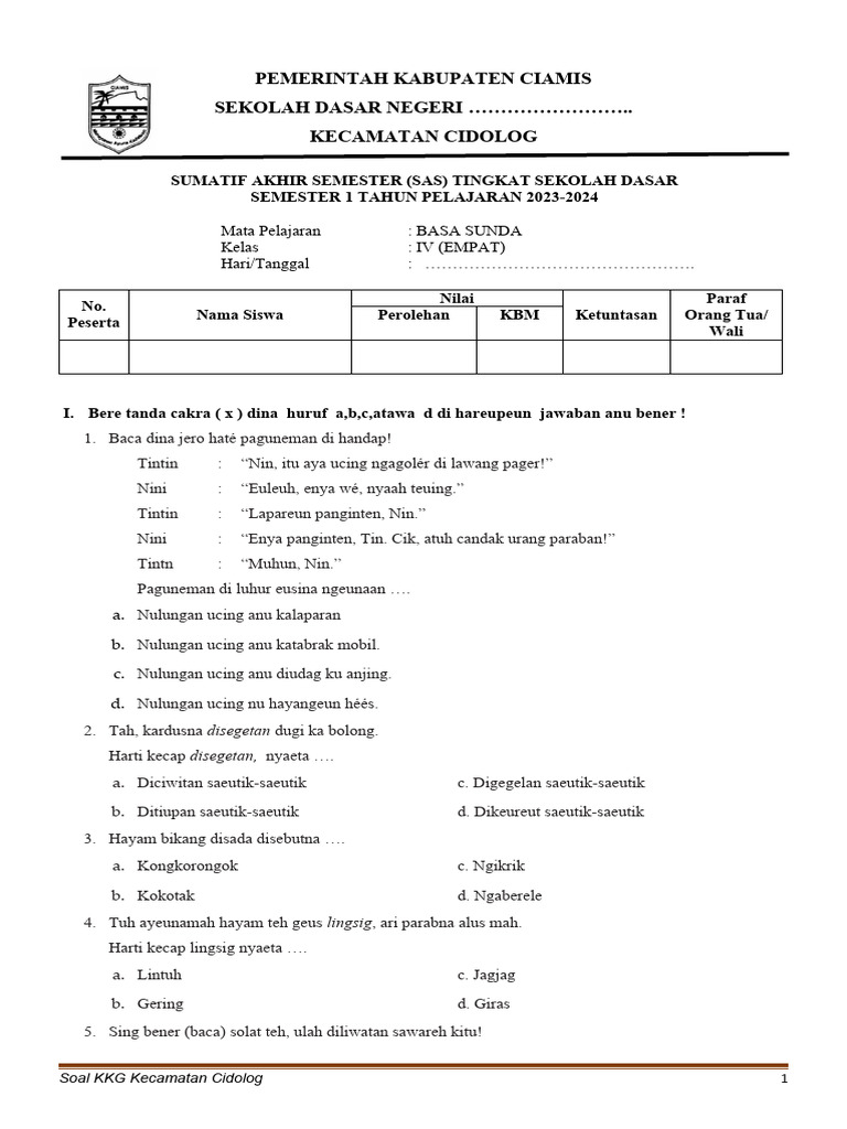 soal uas bahasa sunda kelas 4 semester 1
