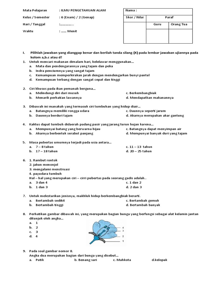 soal uas ipa kelas 6 semester 2 kurikulum 2013