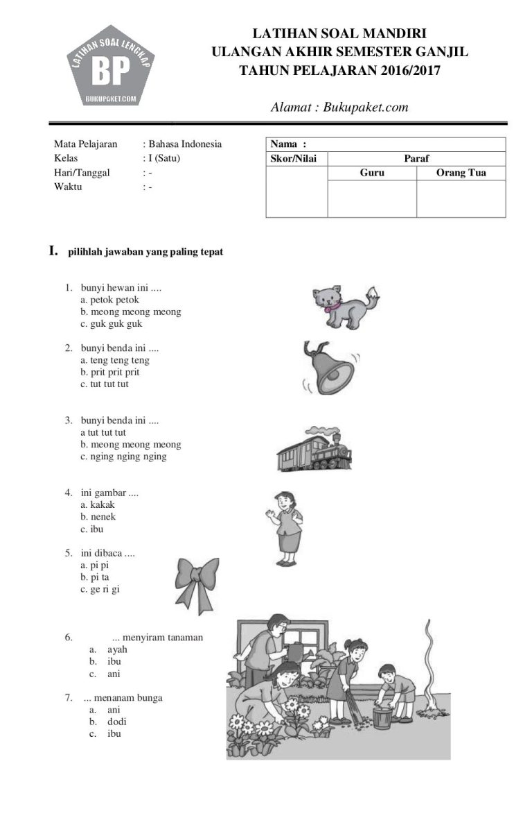 soal ulangan bahasa indonesia kelas 1 semester 2