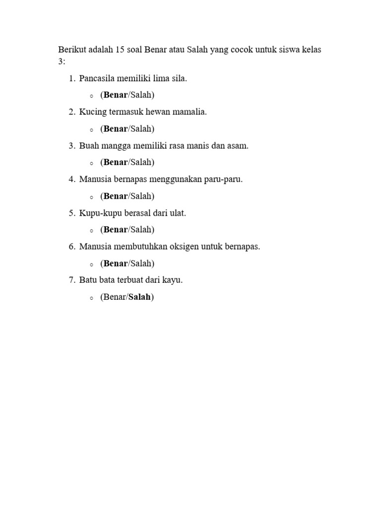 Wajib Tahu! 10 Contoh Soal Benar Salah Kelas 3 SD Agar Anak Cepat Pintar
