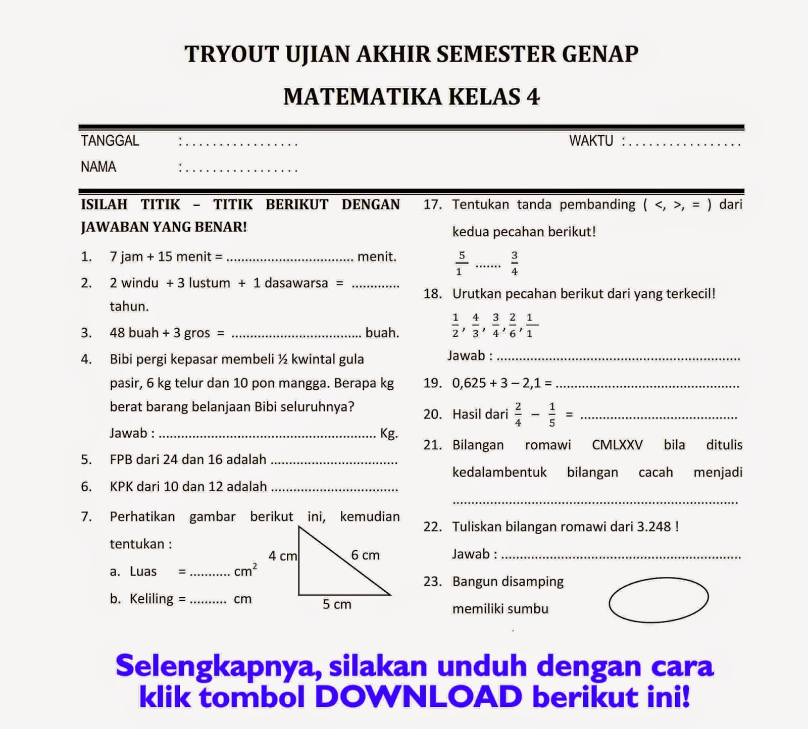 Wajib Tahu Bocoran Soal Penilaian Akhir Semester 2 Kelas 4 Matematika Matematika Terbaru