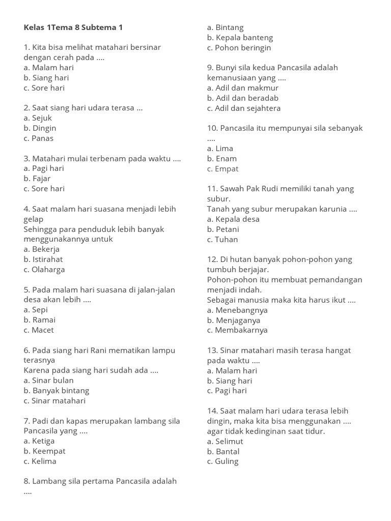 Wajib Tahu! Kumpulan Latihan Soal Kurikulum 2013 Tema 8 Kelas 1 Agar Anak Makin Pintar