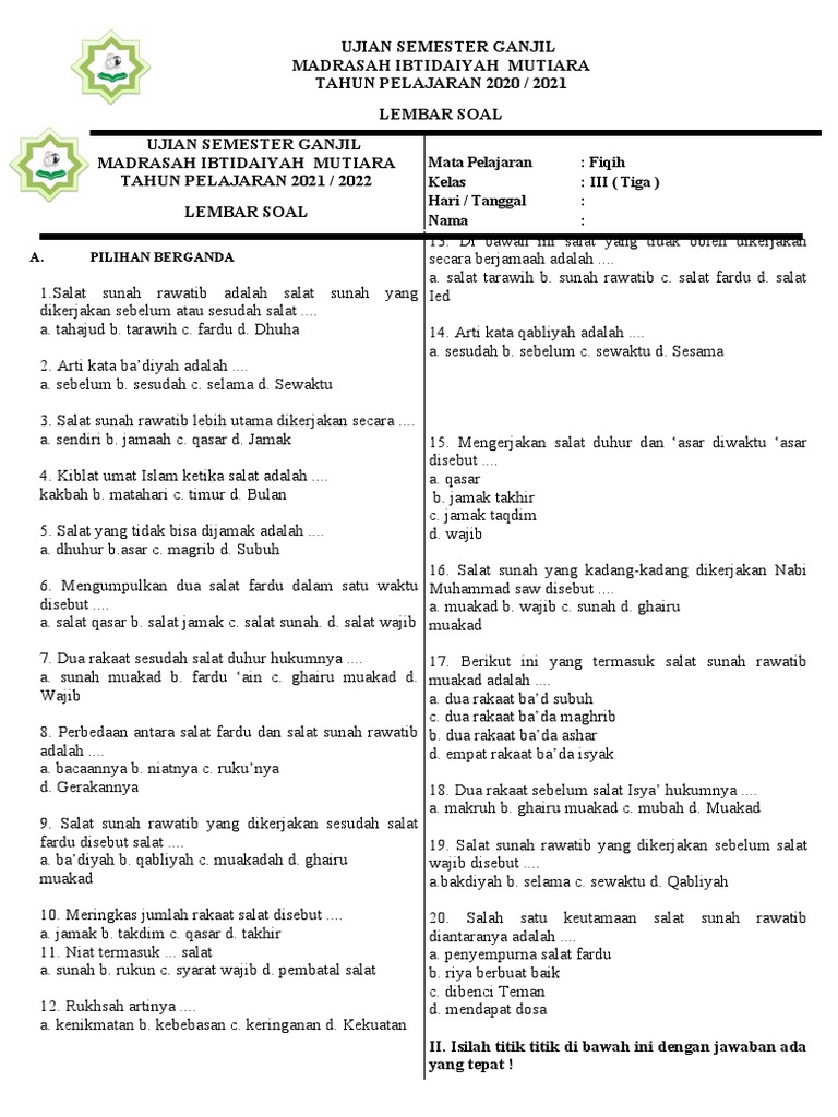 Wajib Tahu! Kumpulan latihan soal mapel fikih kelas 3 uas semester 1 Agar Nilai Maksimal Wajib Tahu! Kumpulan latihan soal mapel fikih kelas 3 uas semester 1 Agar Nilai Maksimal